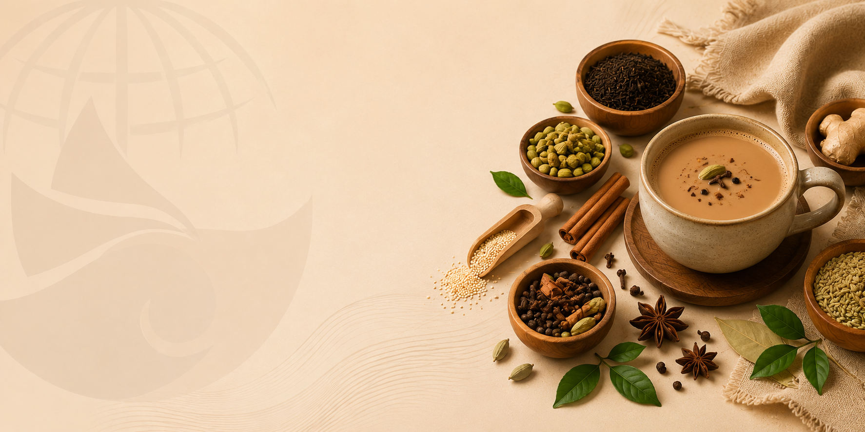 A frothy cup of Masala Chai tea on a wooden saucer, surrounded by fresh ingredients including cinnamon sticks, star anise, ginger root, green cardamom pods, and loose leaf black tea.