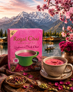 Royal Chai Kashmiri Pink Chai tea box with a scenic background of mountains and a lake.