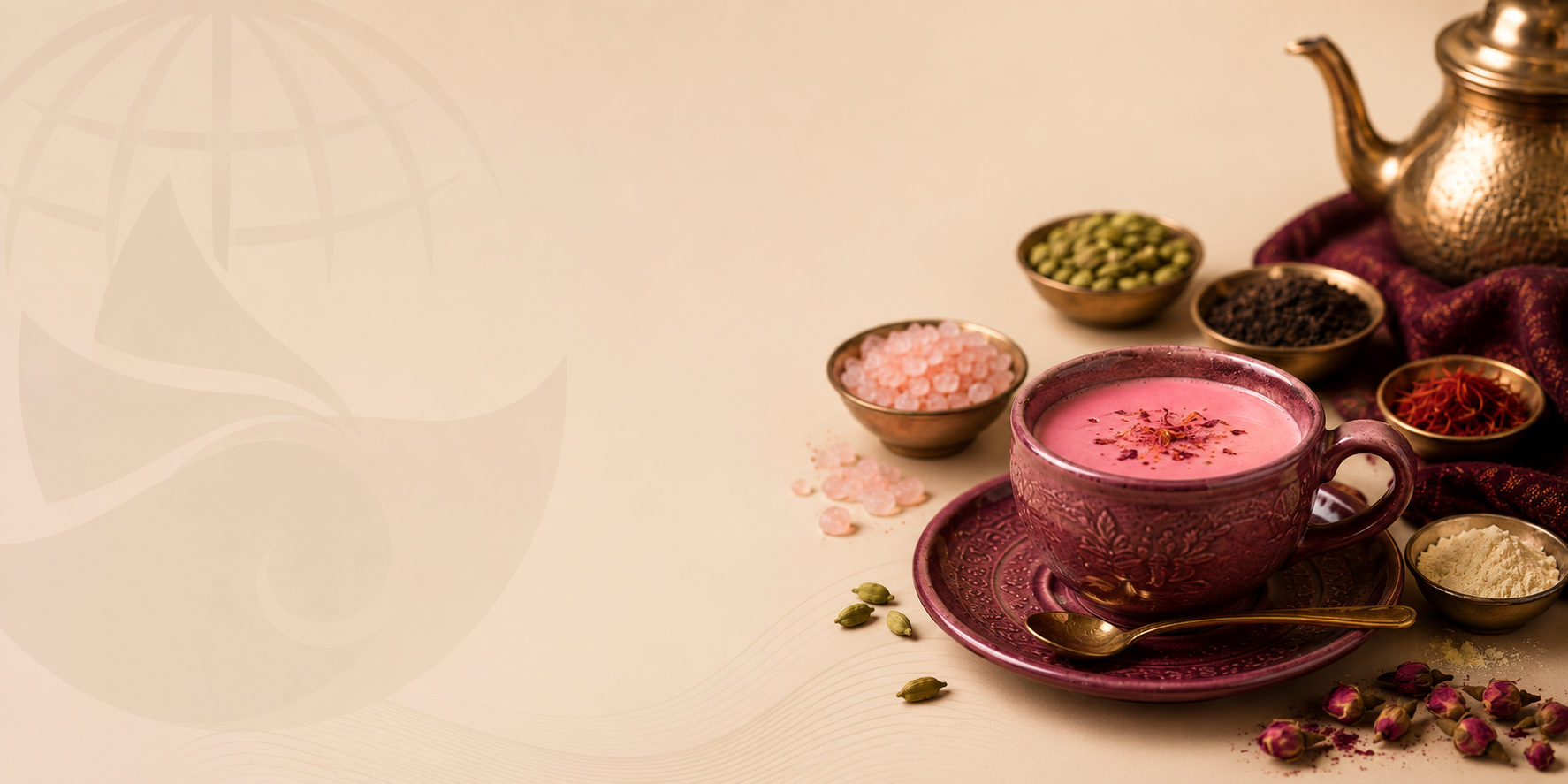 A cup of Noshkosh Kashmiri Noon Chai (Pink Tea) garnished with saffron, shown with ingredients like pink salt, cardamom, and a golden teapot