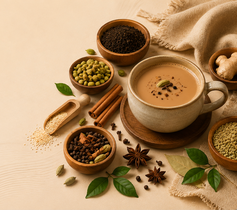 A curated display of Nosh kosh tea ingredients including whole cloves, star anise, cinnamon, and loose leaf black tea surrounding a fresh cup of chai.