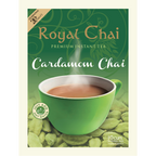 Royal Chai Cardamom Chai premium instant tea box featuring 10 servings and a background of green cardamom pods. Includes a 20-year anniversary celebration seal.
