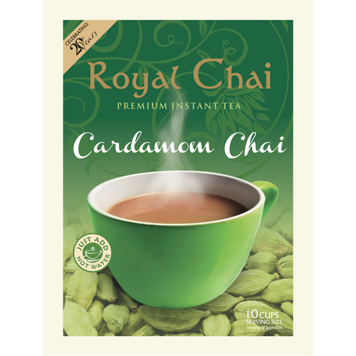 Royal Chai Cardamom Chai premium instant tea box featuring 10 servings and a background of green cardamom pods. Includes a 20-year anniversary celebration seal.