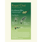 Infographic for Royal Cardamom Chai showing 3 easy steps: 1. Empty sachet into a mug. 2. Add 180ml of hot water and stir. 3. Enjoy your bold and comforting cup of Royal Cardamom Chai.