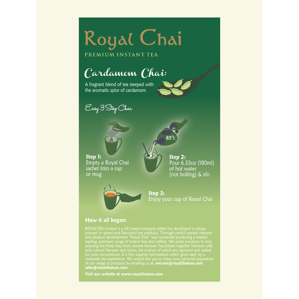 Infographic for Royal Cardamom Chai showing 3 easy steps: 1. Empty sachet into a mug. 2. Add 180ml of hot water and stir. 3. Enjoy your bold and comforting cup of Royal Cardamom Chai.