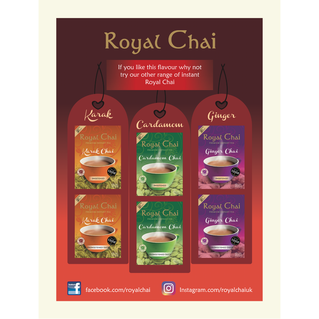 Promotional poster for Royal Chai with various flavours displayed on a red background.