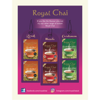 Promotional poster for Royal Chai with various flavors displayed on purple tags.