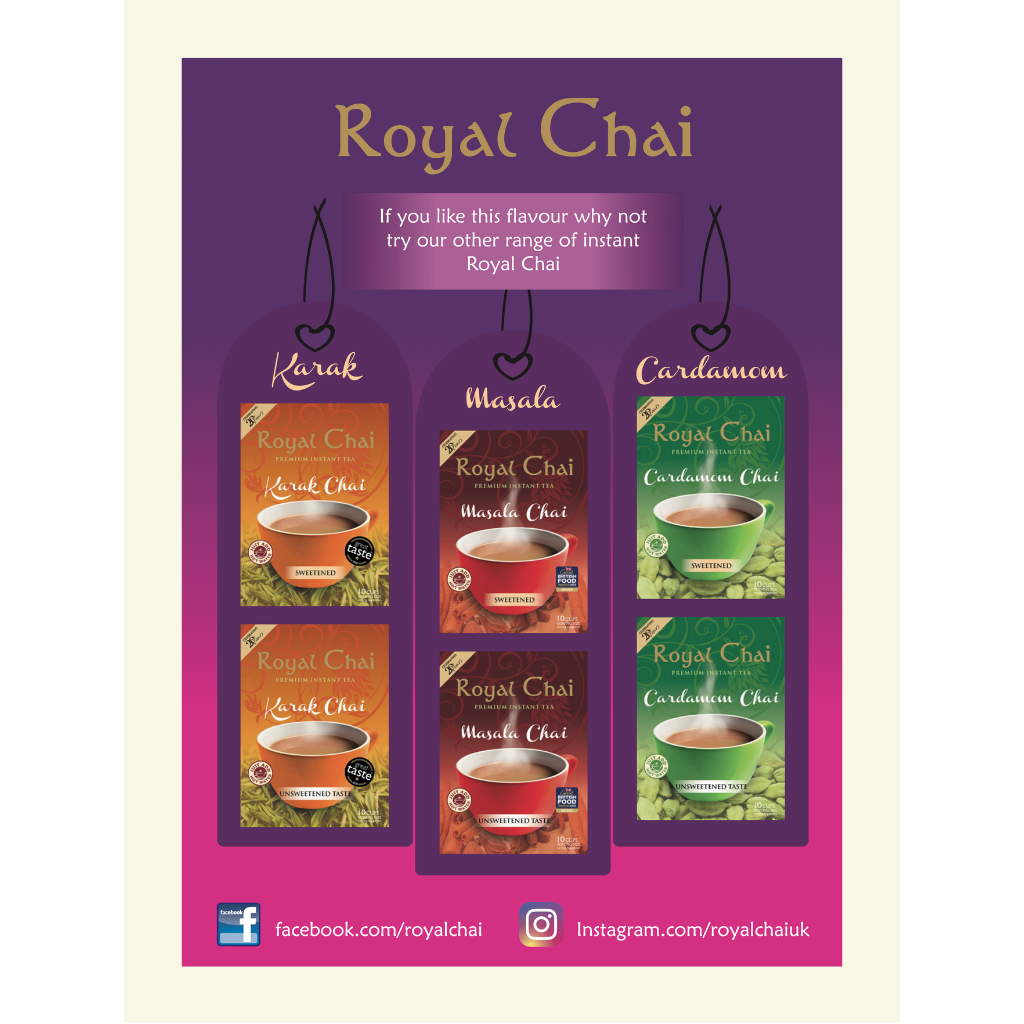 Promotional poster for Royal Chai with various flavors displayed on purple tags.