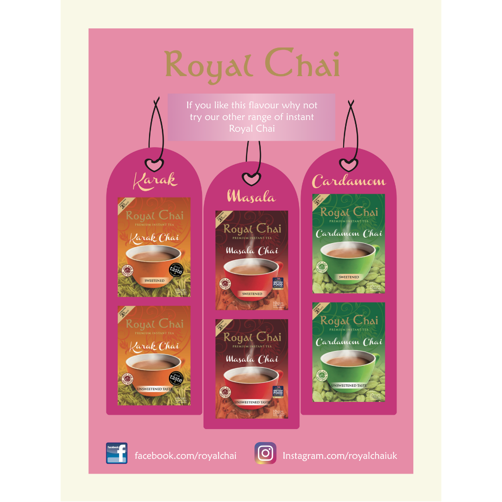 Promotional poster for Royal Chai with various flavours on a pink background