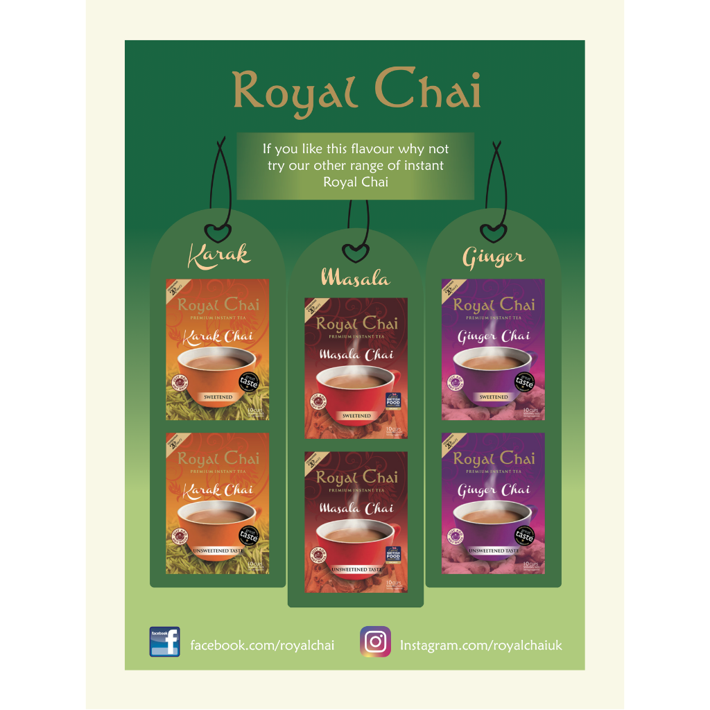 Promotional poster for Royal Chai with various flavours on a green background