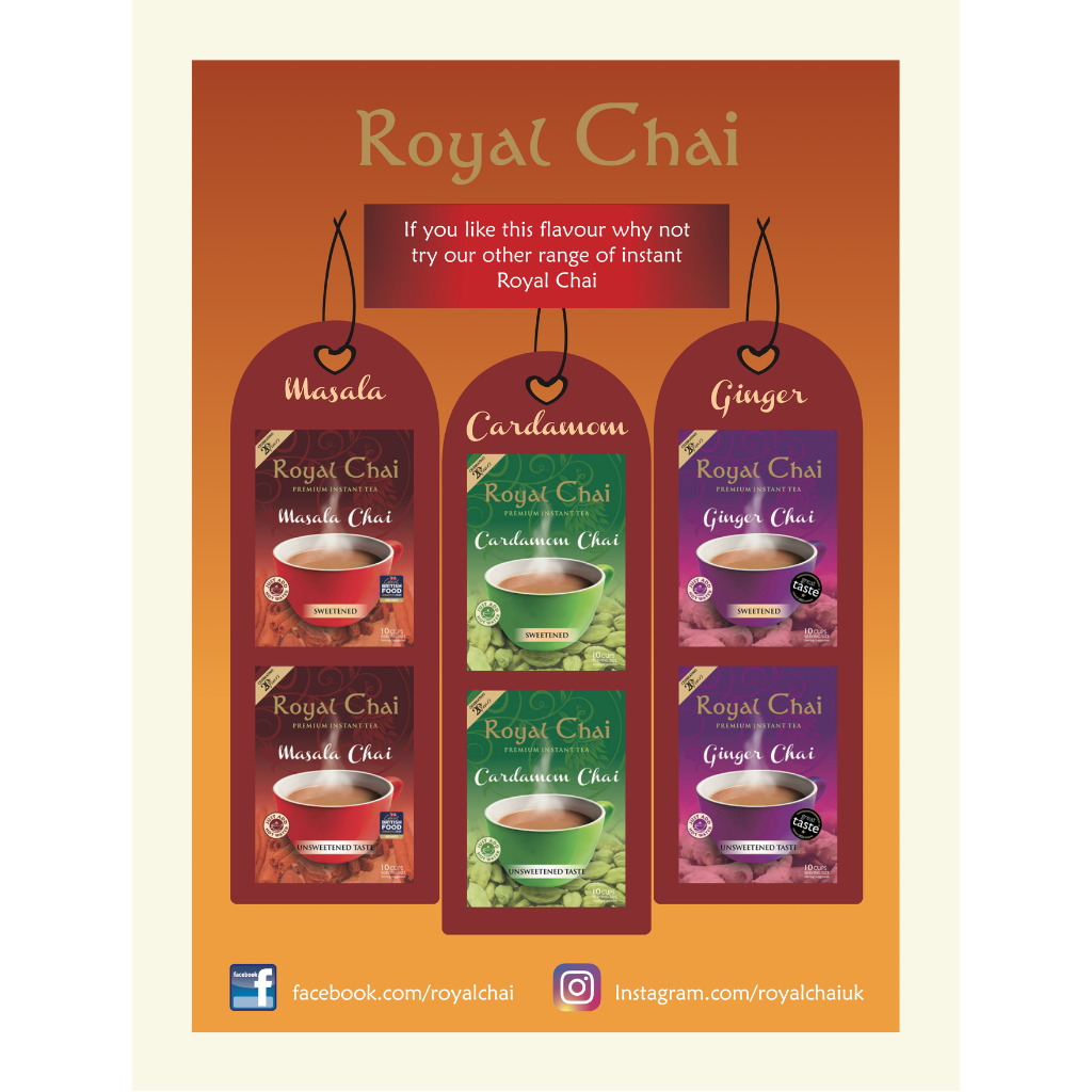 Promotional poster for Royal Chai with various flavors on an orange background