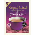 Royal Chai Ginger Chai premium instant tea featuring a 2022 Great Taste Award logo and fresh ginger root background. Box contains 10 serving sachets.