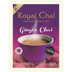 Royal Chai Ginger Chai premium instant tea featuring a 2022 Great Taste Award logo and fresh ginger root background. Box contains 10 serving sachets.