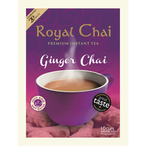 Royal Chai Ginger Chai premium instant tea featuring a 2022 Great Taste Award logo and fresh ginger root background. Box contains 10 serving sachets.