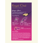 Infographic for Royal Ginger Chai showing 3 easy steps: 1. Empty sachet into a mug. 2. Add 180ml of hot water and stir. 3. Enjoy your cup of Royal Ginger Chai.