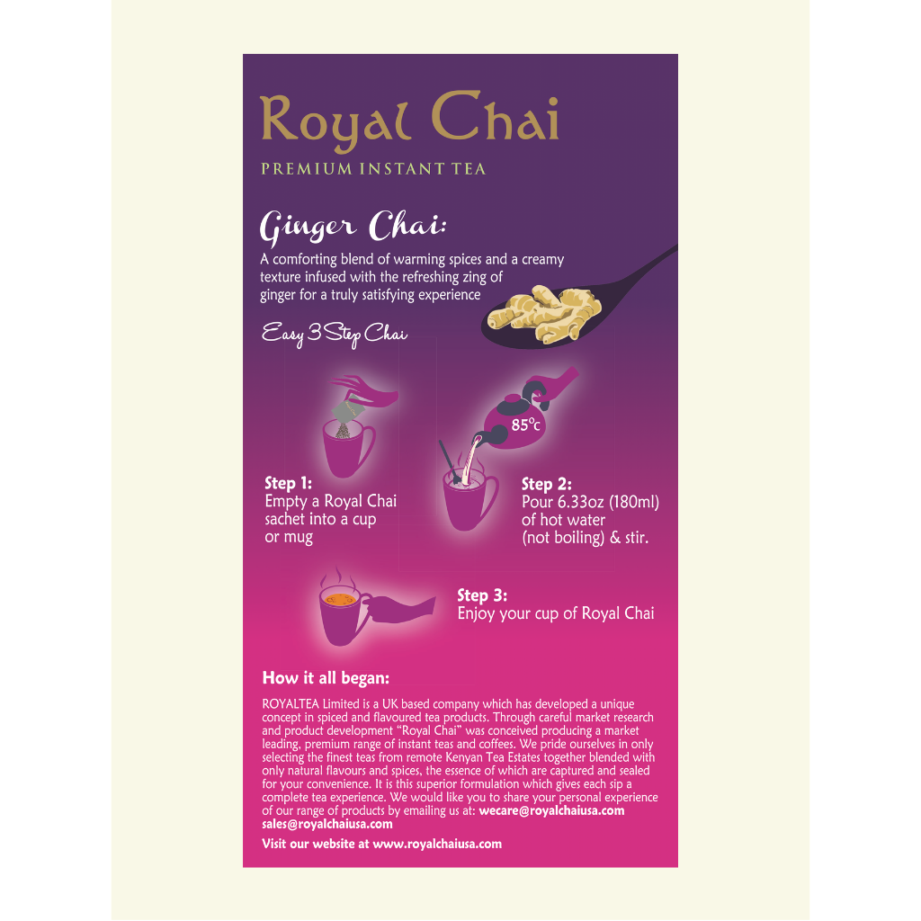 Infographic for Royal Ginger Chai showing 3 easy steps: 1. Empty sachet into a mug. 2. Add 180ml of hot water and stir. 3. Enjoy your cup of Royal Ginger Chai.