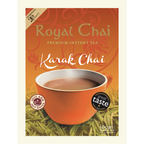 Royal Chai Karak Chai premium instant tea package with a cup of tea on an orange background.