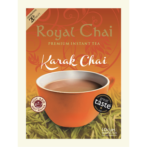 Royal Chai Karak Chai premium instant tea package with a cup of tea on an orange background.