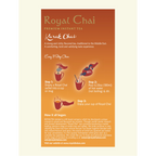 Infographic for Royal Karak Chai showing 3 easy steps: 1. Empty sachet into a mug. 2. Add 180ml of hot water (85°C) and stir. 3. Enjoy your bold and comforting cup of Royal Karak Chai.