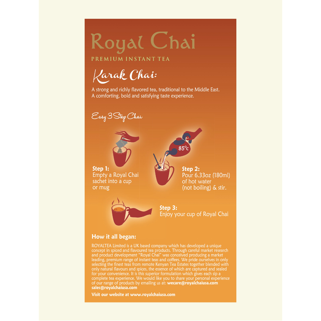 Infographic for Royal Karak Chai showing 3 easy steps: 1. Empty sachet into a mug. 2. Add 180ml of hot water (85°C) and stir. 3. Enjoy your bold and comforting cup of Royal Karak Chai.