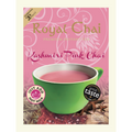 Royal Chai Kashmiri Pink Chai packaging with a green cup of tea and spices on a pink background.