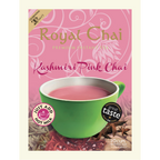 Royal Chai Kashmiri Pink Chai packaging with a green cup of tea and spices on a pink background.