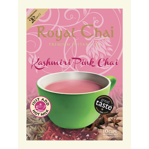 Royal Chai Kashmiri Pink Chai packaging with a green cup of tea and spices on a pink background.
