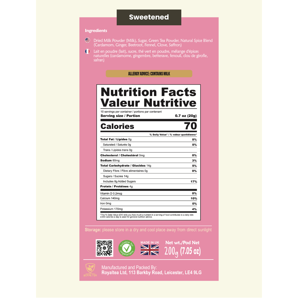 Ingredients and nutritional information for Royal Kashmiri Pink Chai sweetened tea