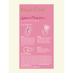 Infographic showing how to prepare Royal Chai Kashmiri Pink Tea in 3 easy steps: 1. Mix sachet with hot or cold milk. 2. Microwave if using cold milk. 3. Sprinkle with pistachios and almonds.