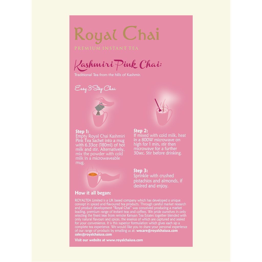 Infographic showing how to prepare Royal Chai Kashmiri Pink Tea in 3 easy steps: 1. Mix sachet with hot or cold milk. 2. Microwave if using cold milk. 3. Sprinkle with pistachios and almonds.