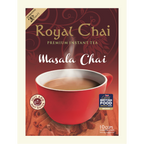 Royal Chai Masala Chai premium instant tea box featuring the Great British Food Awards 2023 Bronze winner logo and a background of cinnamon and star anise.