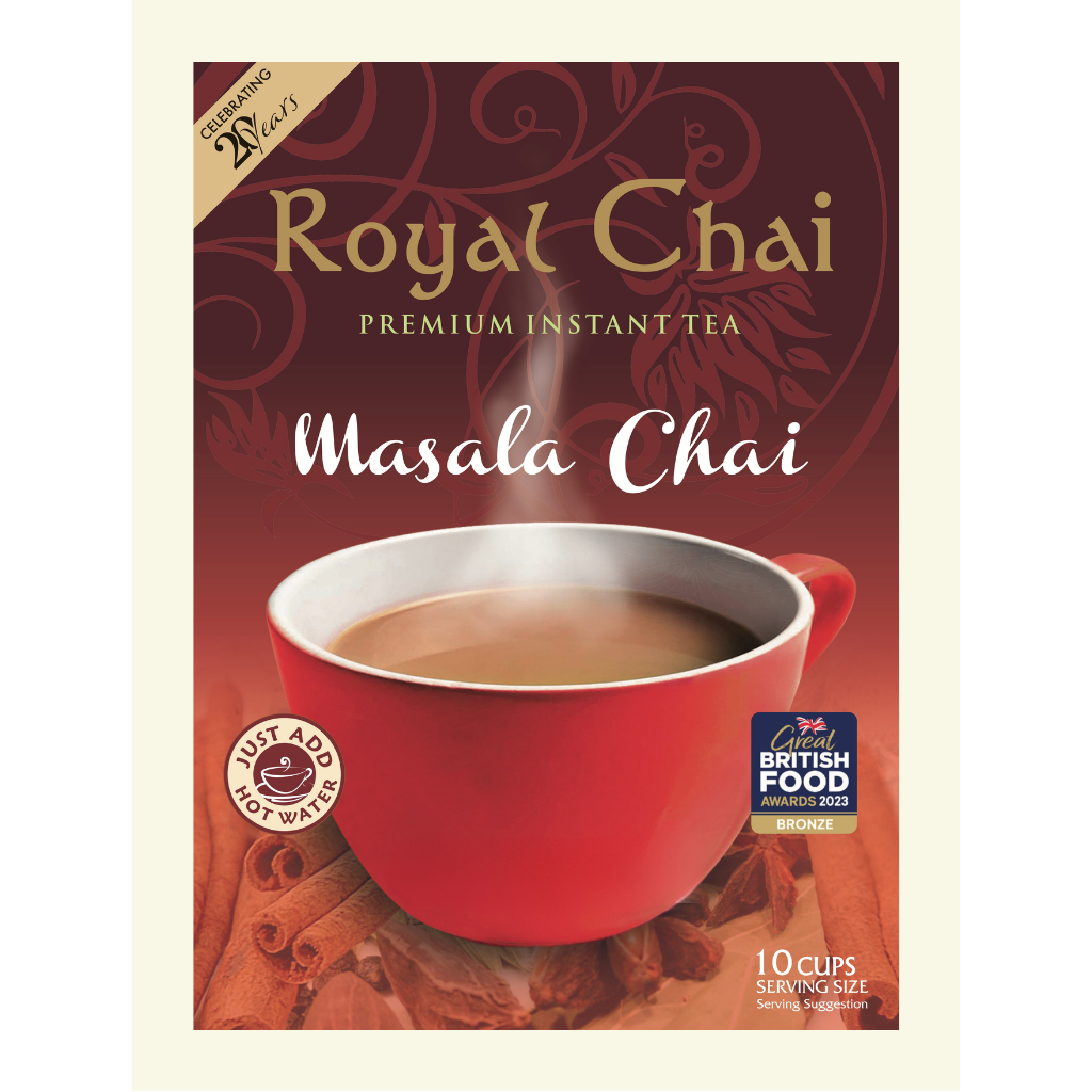 Royal Chai Masala Chai premium instant tea box featuring the Great British Food Awards 2023 Bronze winner logo and a background of cinnamon and star anise.