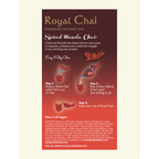 Infographic for Royal Masala Chai showing 3 easy steps: 1. Empty sachet into a mug. 2. Add 180ml of hot water (85°C) and stir. 3. Enjoy your bold and comforting cup of Royal Masala Chai.