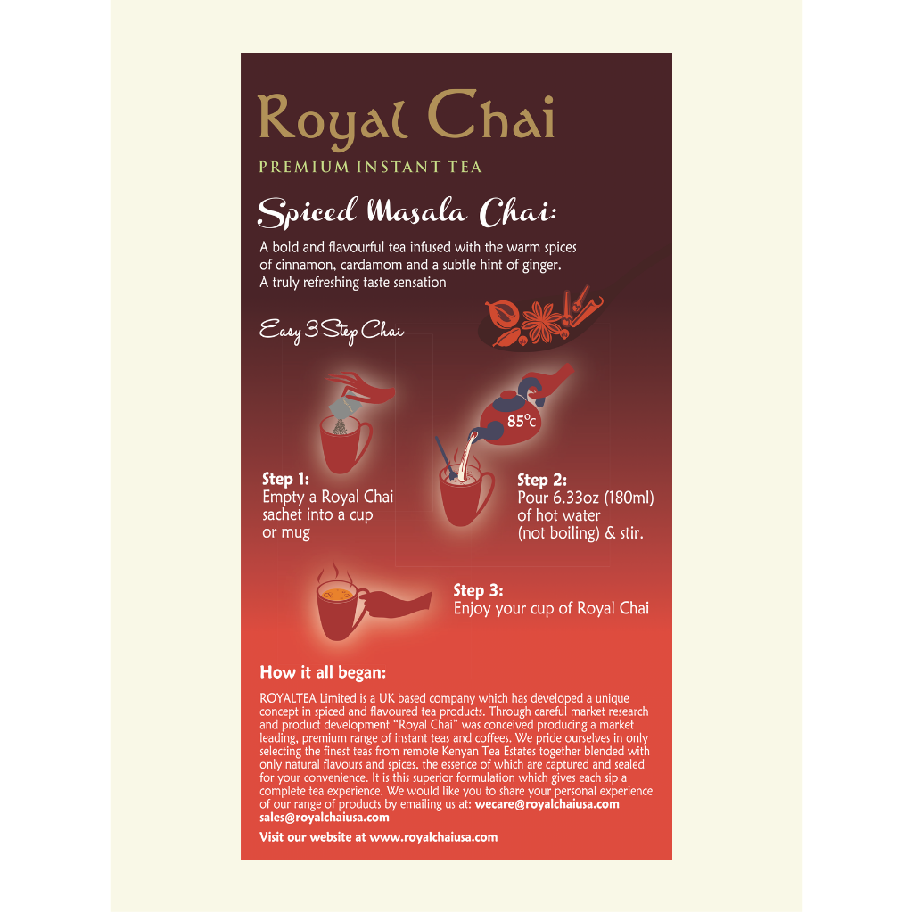 Infographic for Royal Masala Chai showing 3 easy steps: 1. Empty sachet into a mug. 2. Add 180ml of hot water (85°C) and stir. 3. Enjoy your bold and comforting cup of Royal Masala Chai.